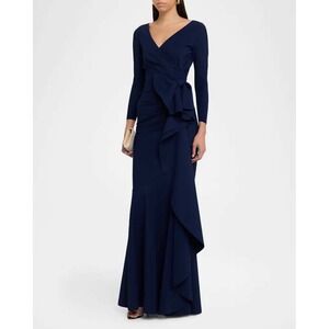 NWT Chiara Boni La Petite Robe Maco Bow-Draped Jersey Gown Navy SIze 12